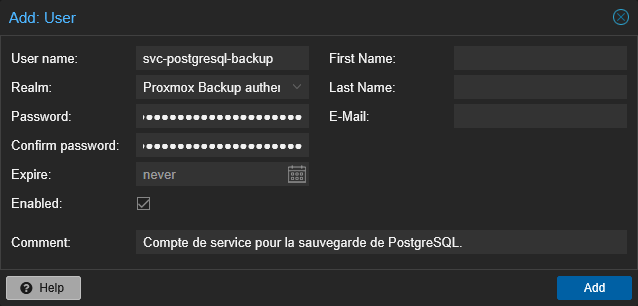 Création de l'utilisateur de service