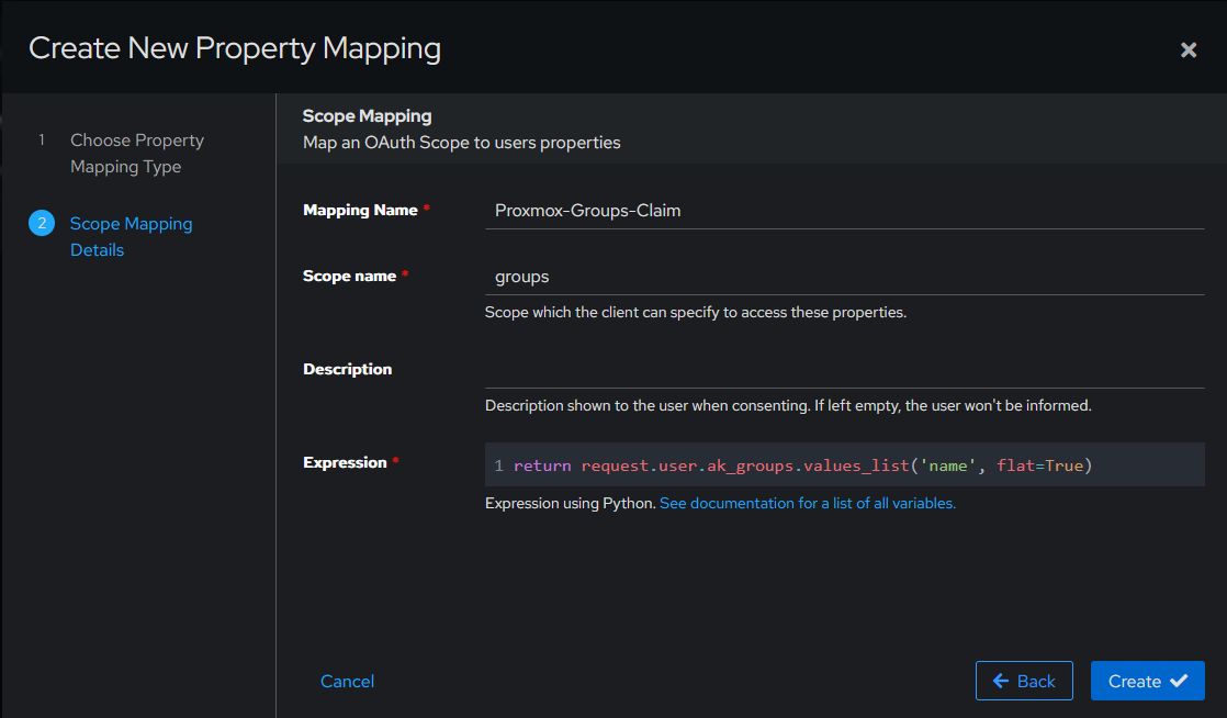 Capture d'écran - OIDC Scope Mapping