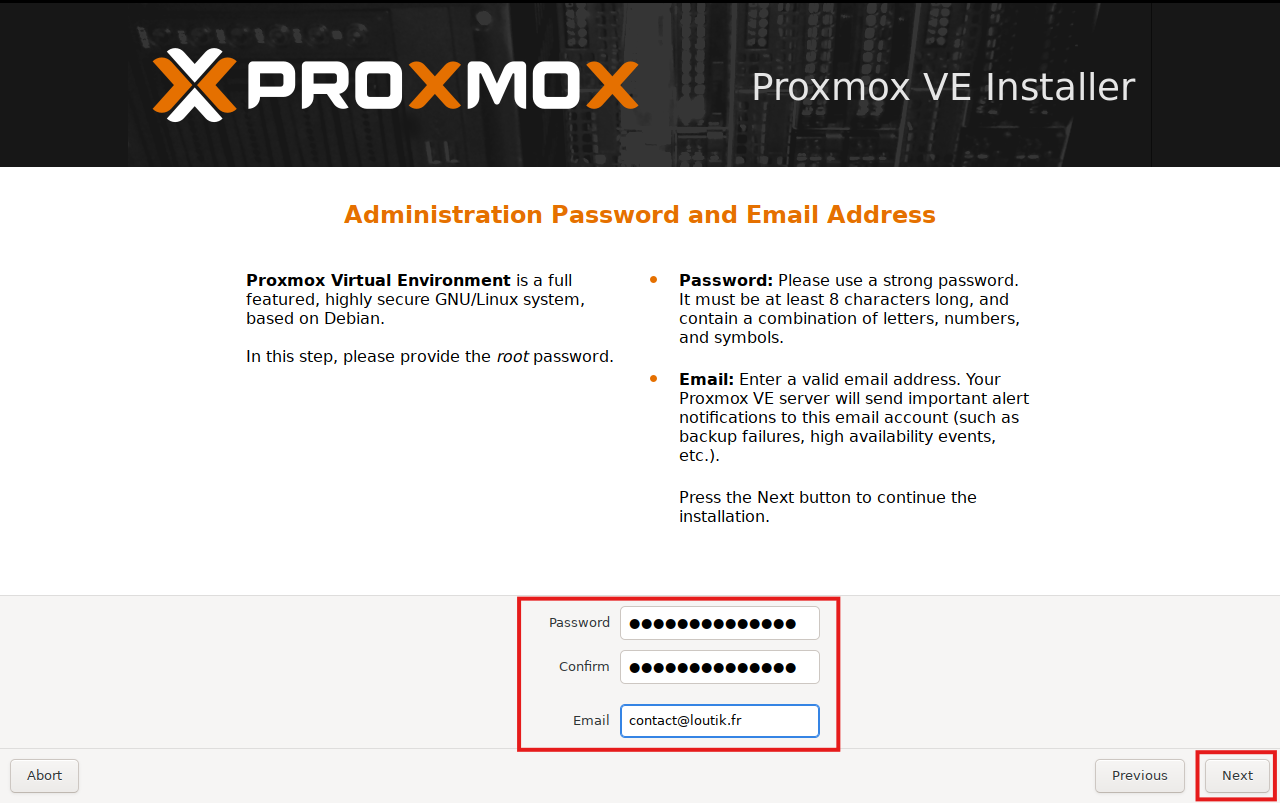 Proxmox - Choix du mot de passe Administrateur