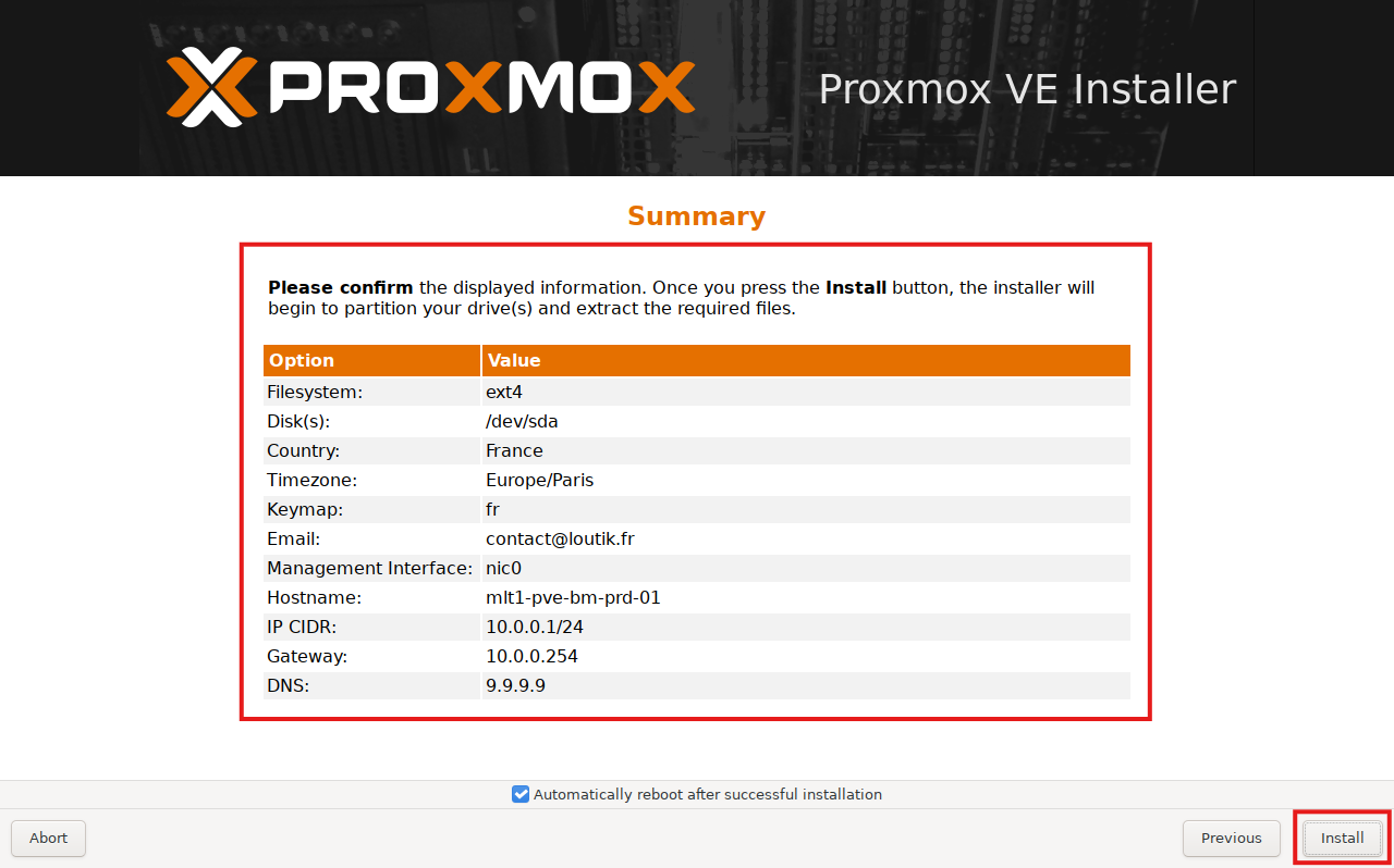 Proxmox - Confirmation de configuration