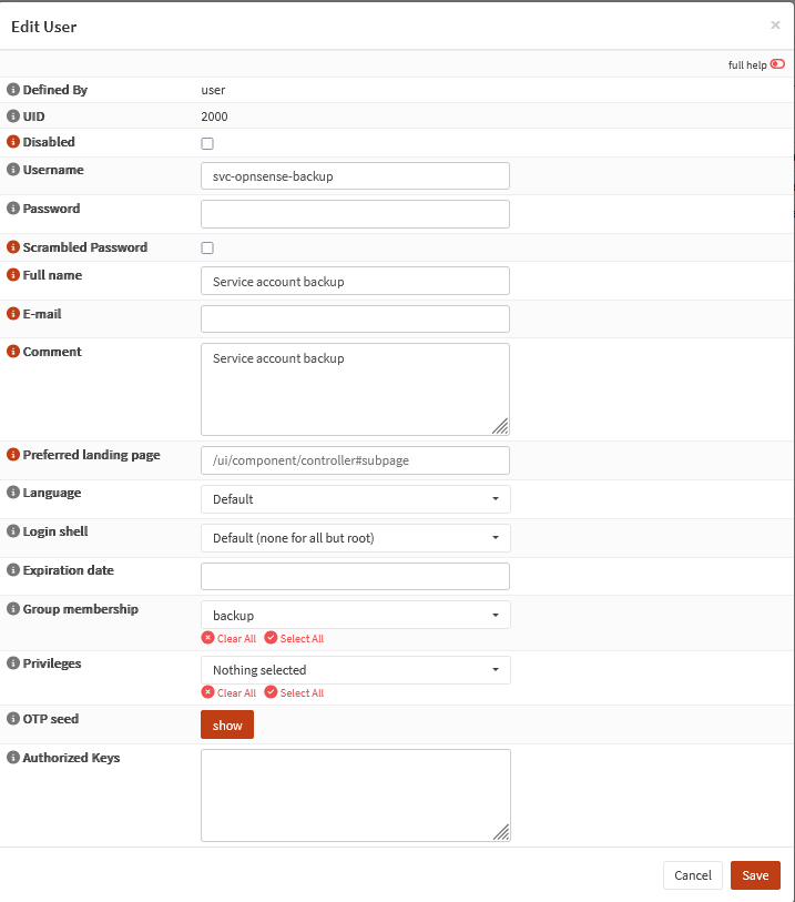 Capture d'écran de la configuration d'un utilisateur